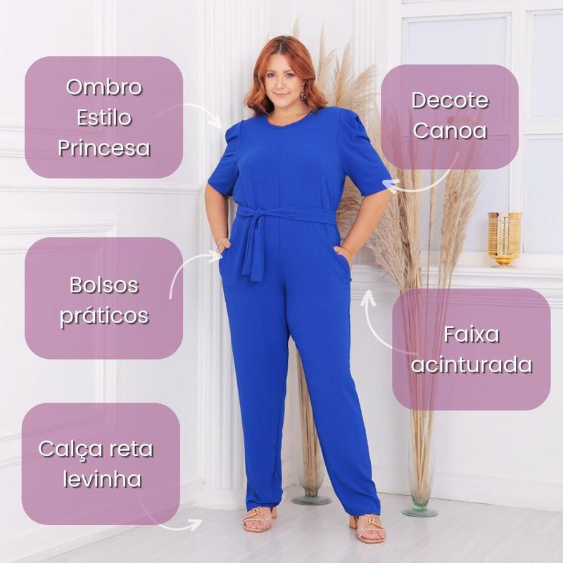 Macacão Longo Feminino Plus Size Manga Curta Social Curvy - Lia